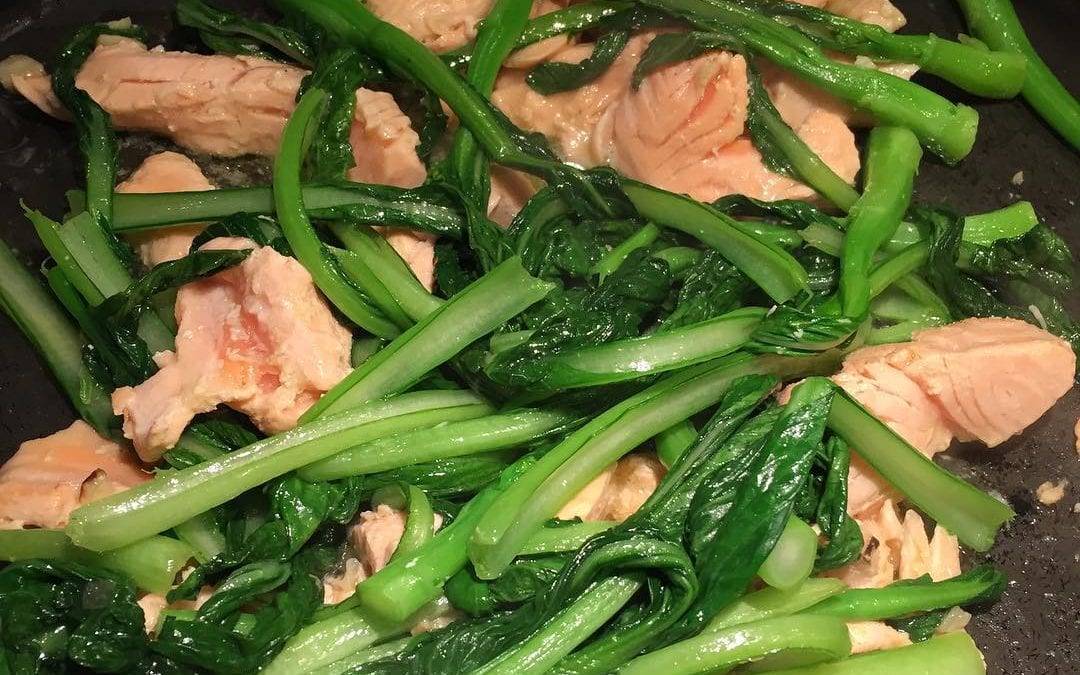 #dinner #Sautéed Chinese greens with #salmon and #quinoa #simple and #easy