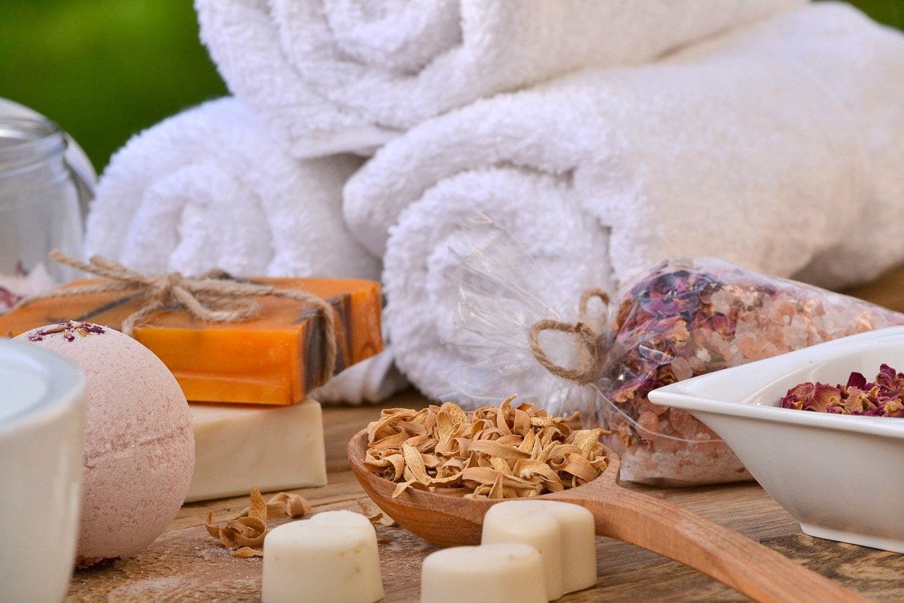 towels, soap, dry flowers