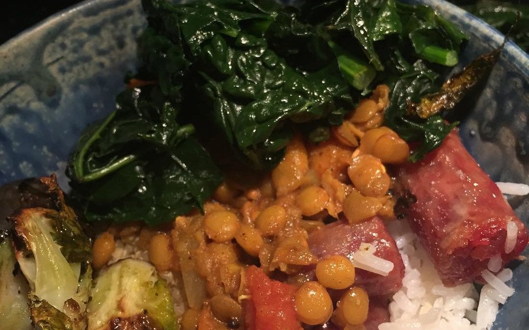 #hearthealthy #lentil #blackkale #chinesesausage over #quinoa #food #foodie #rice