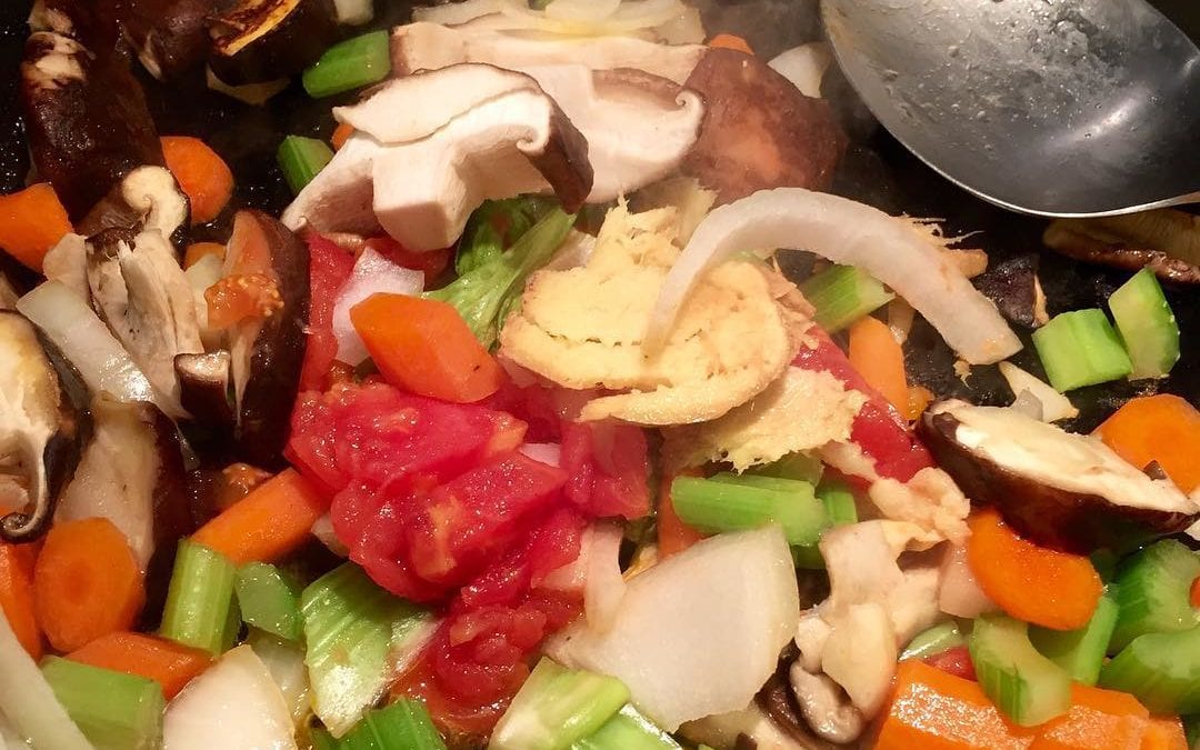 Making a #soup that is good for #digestion and #antiinflammatory in a #bonebroth. Start with #sauteeding vegetables. #foodie #wholesome