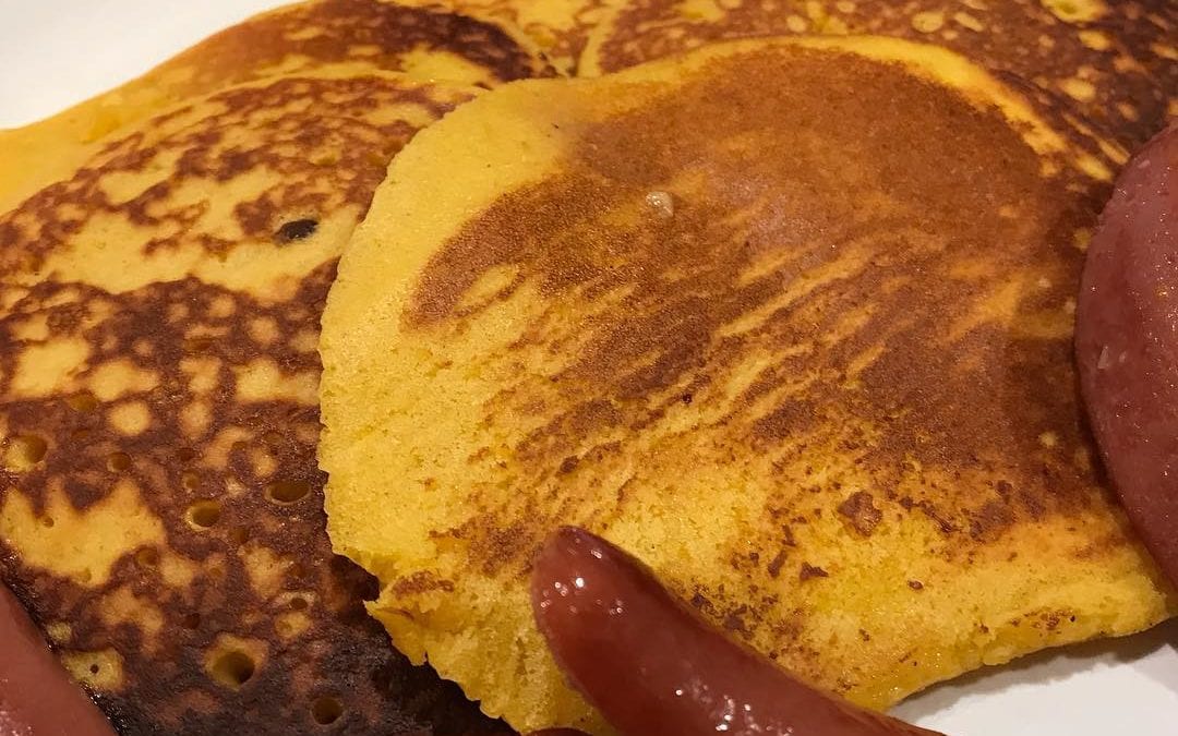 Pumpkin and Eggnog Gluten Free Pancake Prep time: 20 mins Cook time: 5 mins Serves 4 (5 – 5” pancakes per serving) Mix together dry ingredients and set aside 1.5 c of flour or gluten free flour (I used Polly’s pancake mix) 3 tablespoons sugar 1/2 t of salt 1/2 t baking powder 1/2 t baking soda 1/4 t cinnamon 1/8 t grated nutmeg Wet ingredients Beat together until well blended 1 c of milk or almond milk or 3/4 c of egg nog plus 1/4c of milk or almond milk 2 large eggs 1/4 c melted butter 1/2 c canned pumpkin 1/4 c lite sour cream Add dry ingredients into wet. Mix until blended. If batter is too thick add more milk to the consistency you like. Let sit for 10-15 minutes before cooking. Heat griddle or large frying pan with spray oil until hot. Pour by the cupful to the size you like and cook until brown on both sides. Serve hot with maple syrup. #pancakes #pumpkinpancakes #eggnog #healingplacemedfield #helenchinlui #glutenfree